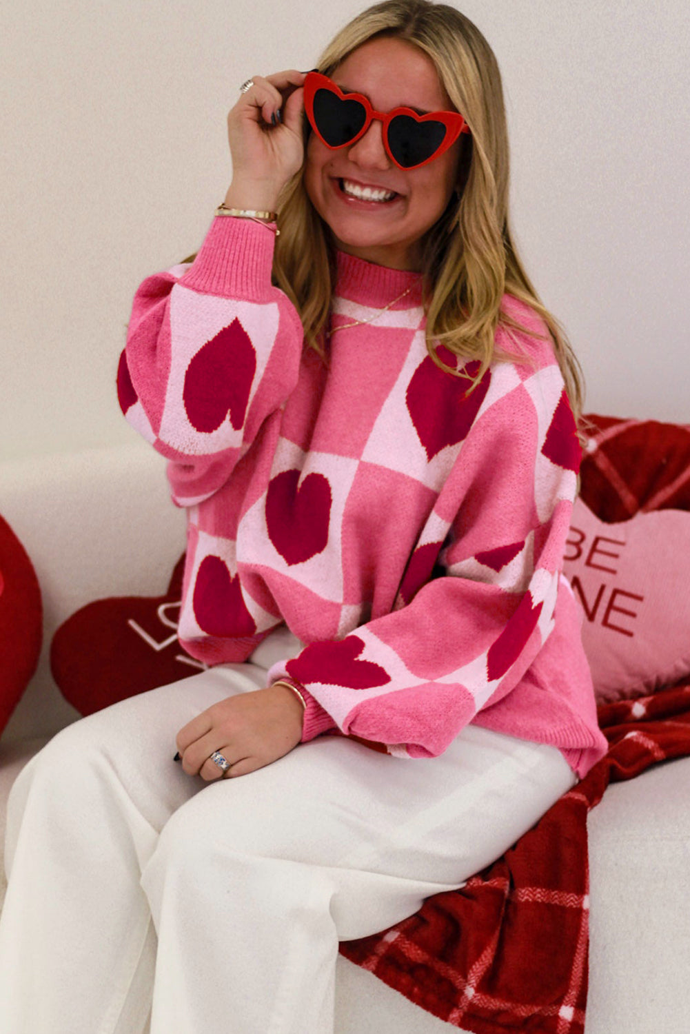 Pink Heart Checkered Crewneck Sweater