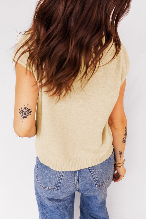 Apricot Button-Front Cap-Sleeve Knit Top