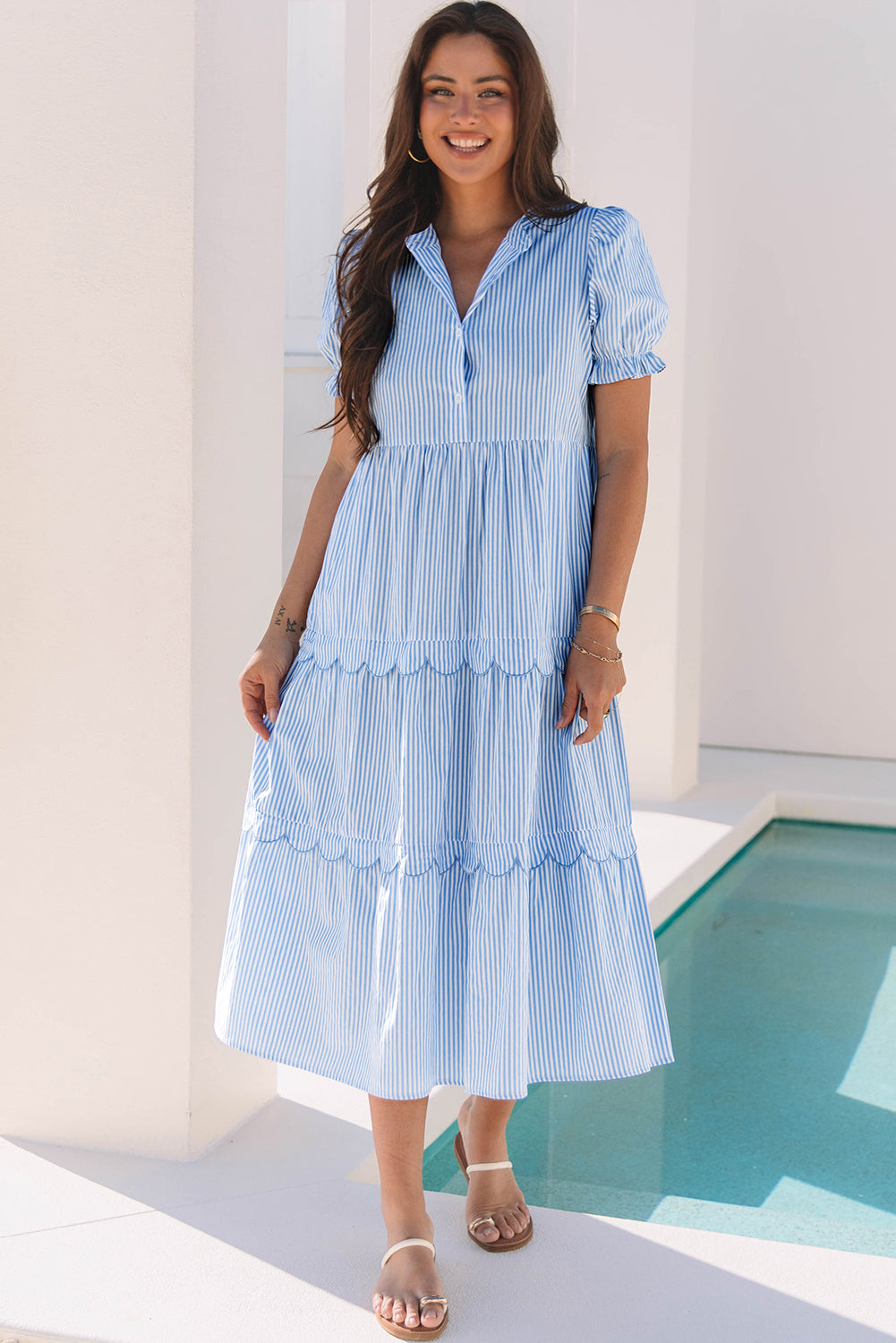 Sky Blue Striped Puff-Sleeve Tiered Maxi Dress from ARVELA