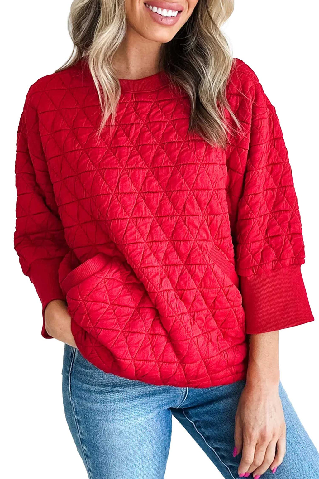 Red Quilted Three-Quarter Sleeve Pocket Top