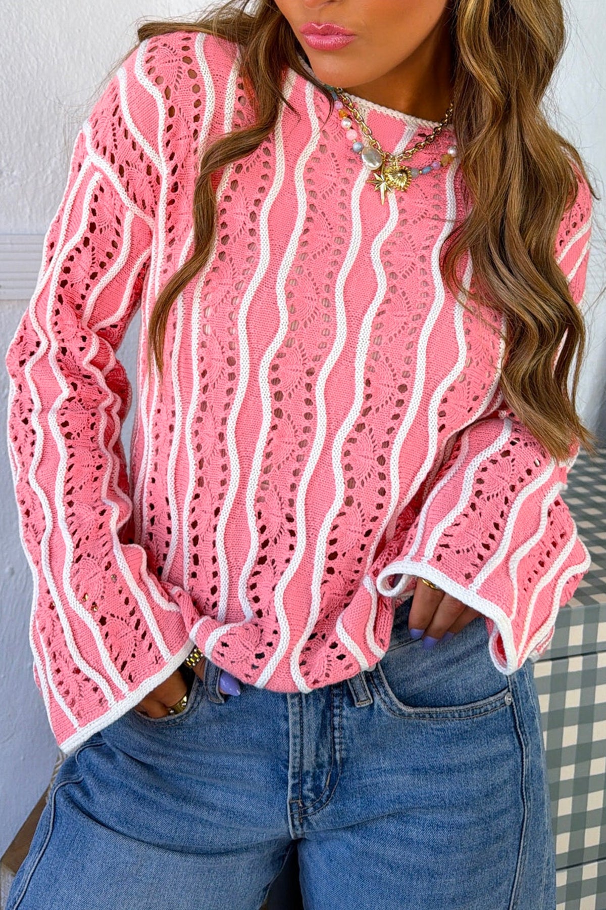 Khaki Open-Knit Cotton Pullover Sweater