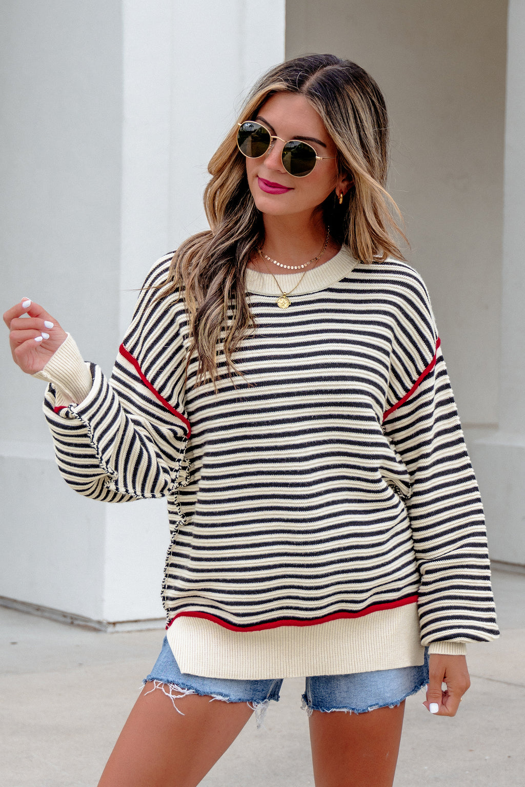 Black Striped Oversized Drop-Shoulder Sweater