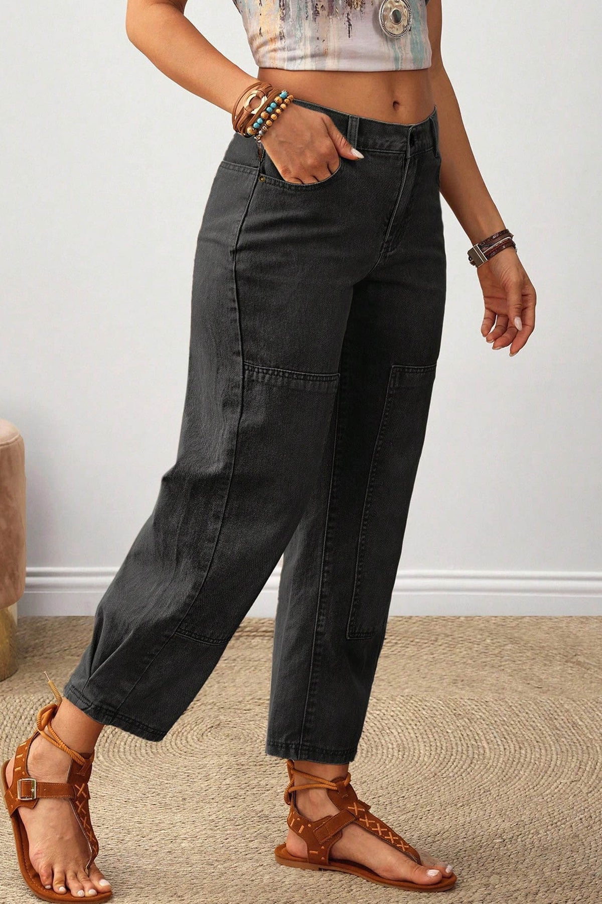 Charcoal Gray Seamed Denim Jeans