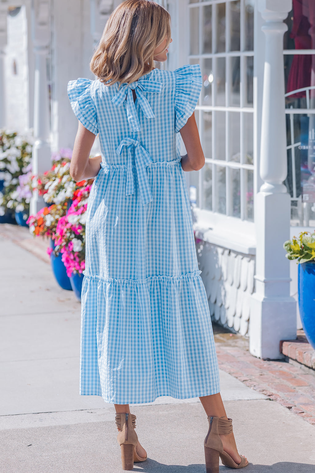 Sky Blue Gingham Ruffle-Sleeve Maxi Dress