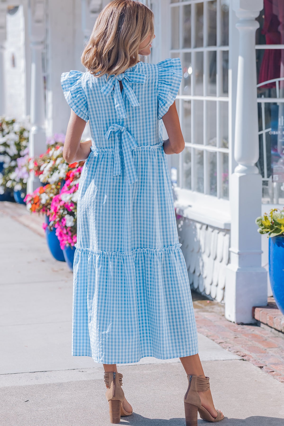 Sky Blue Gingham Ruffle-Sleeve Maxi Dress