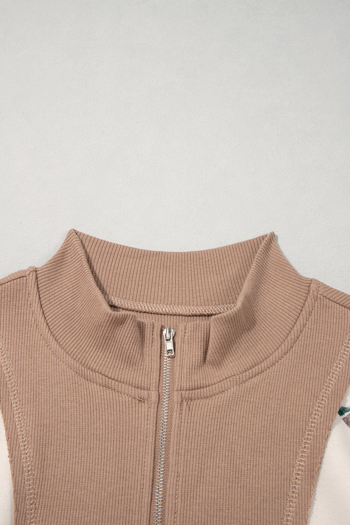Beige Duck-Print Colorblock Zip-Neck Top