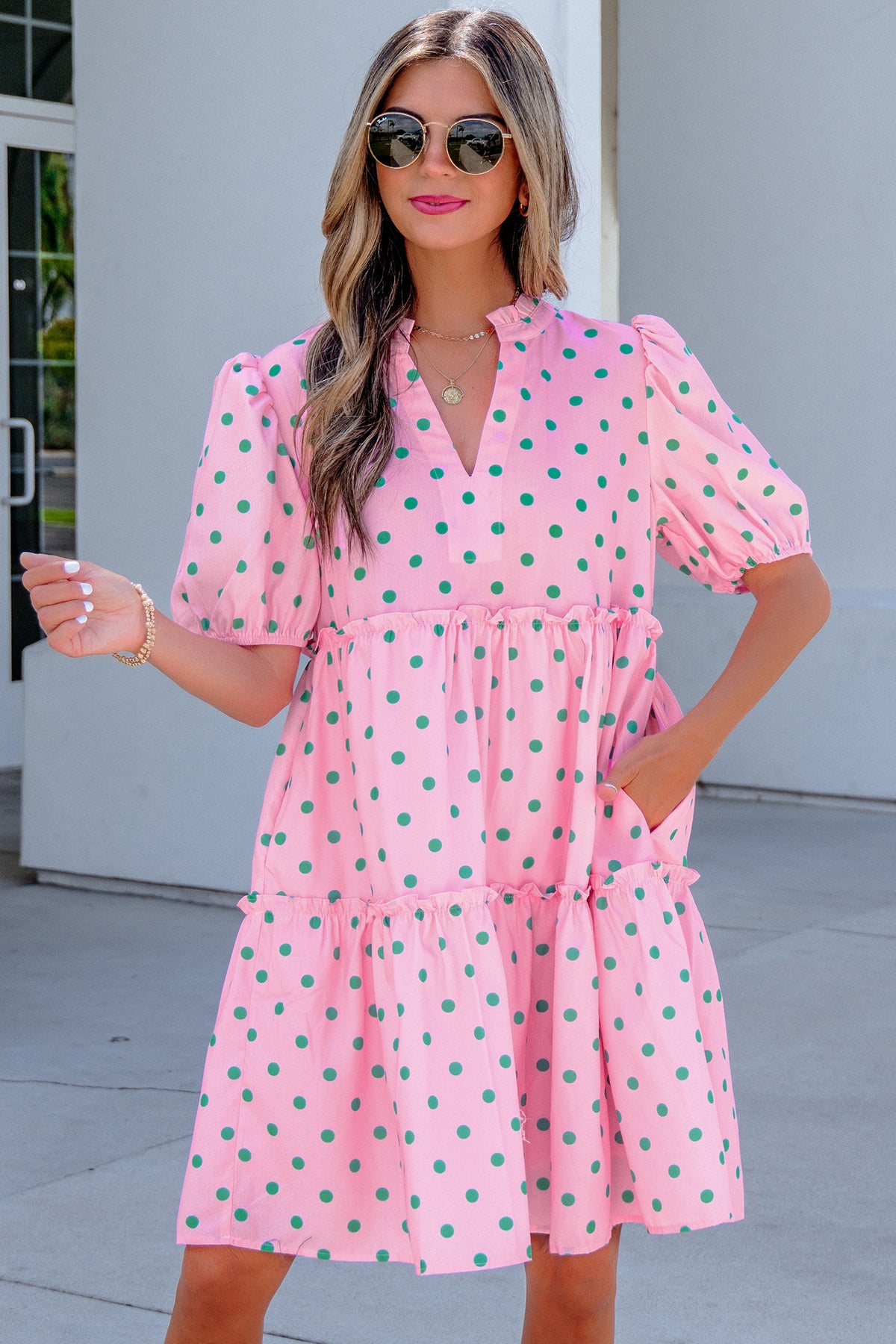 Pink Polka Dot V-Neck Tiered Mini Dress