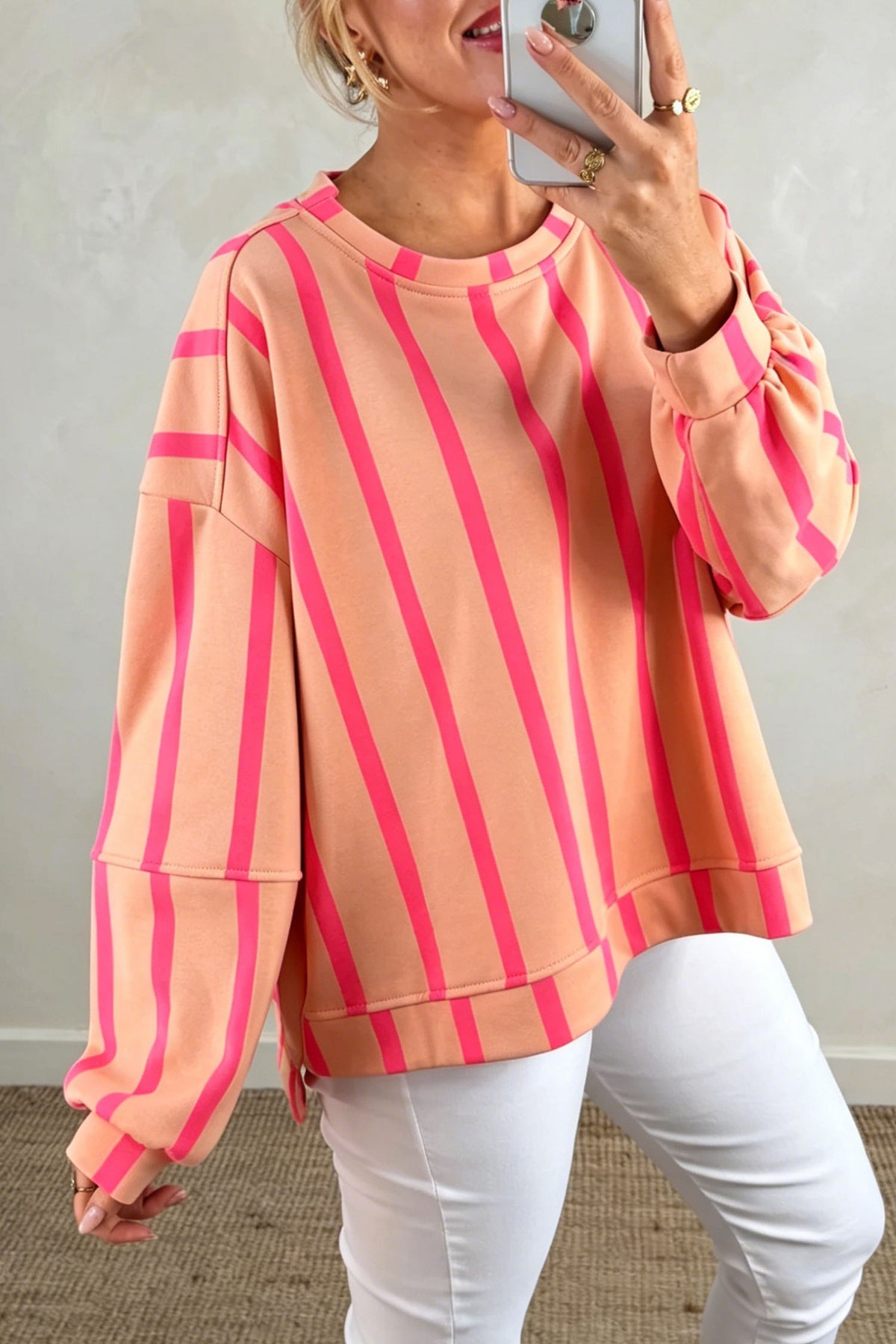 Green Striped Drop-Shoulder Crewneck Sweatshirt