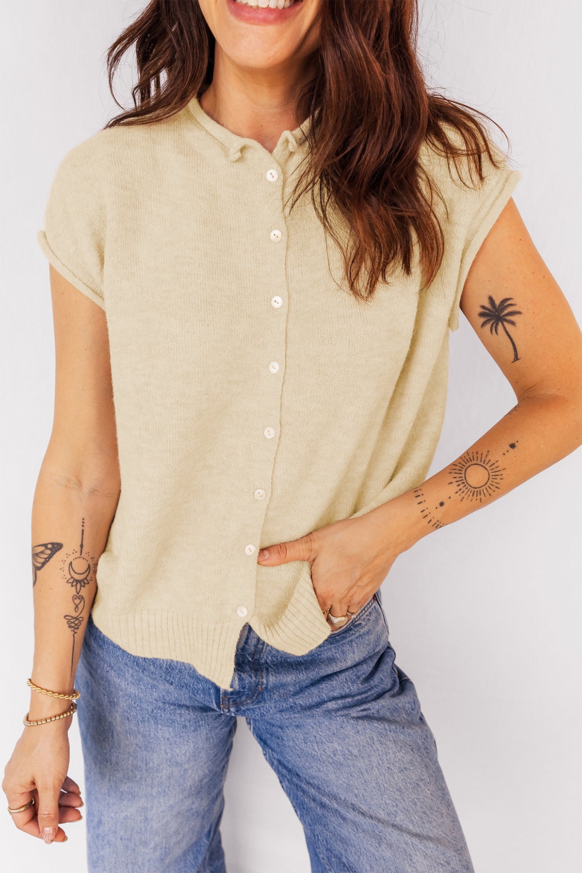 Apricot Button-Front Cap-Sleeve Knit Top