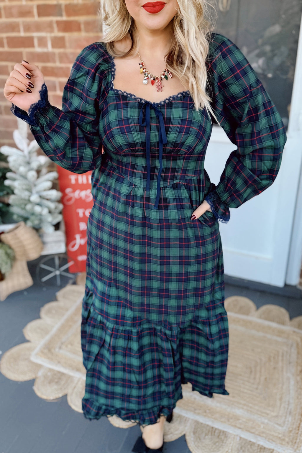 Green Plaid Lace-Trim Long-Sleeve Maxi Dress from ARVELA