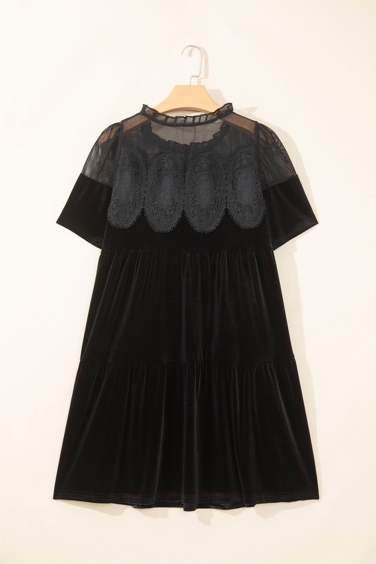 Black Embroidered Velvet Short-Sleeve Mini Dress