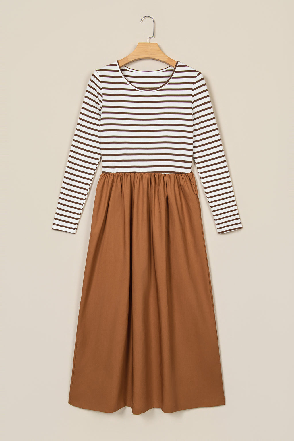 Brown Striped Ribbed-Knit Flared Maxi Dress