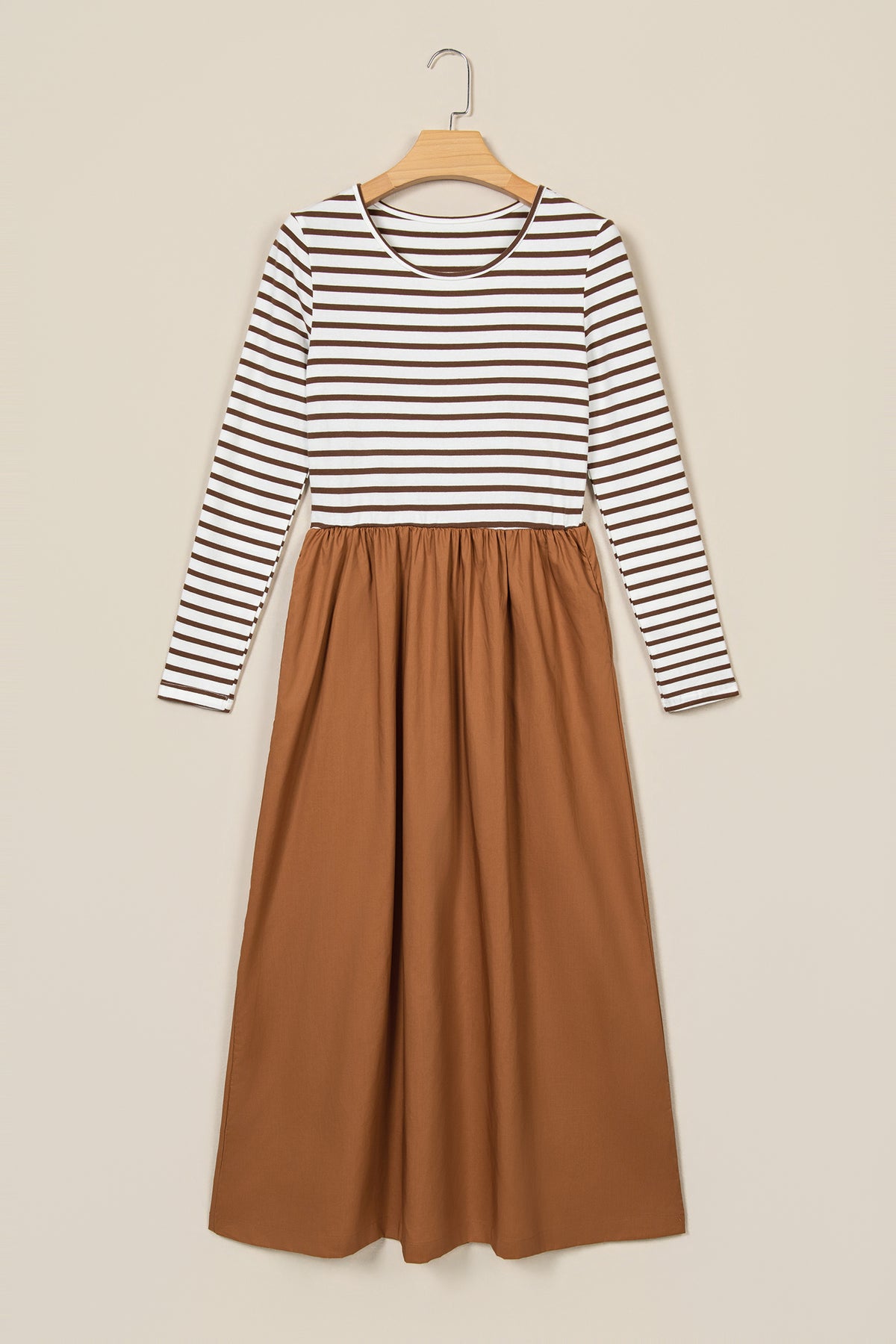 Brown Striped Ribbed-Knit Flared Maxi Dress