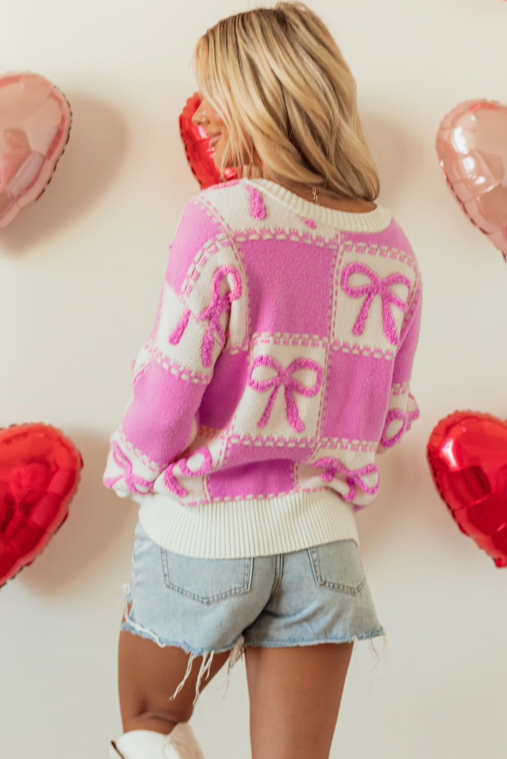 Pink Checkered Bow-Detail Crewneck Sweater
