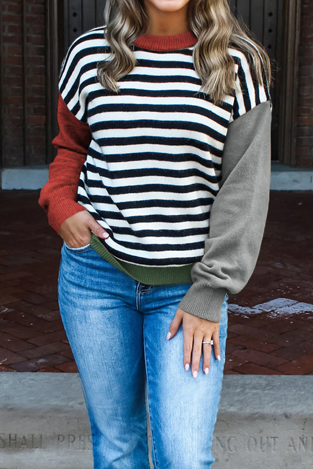 Black Striped Colorblock-Sleeve Sweater