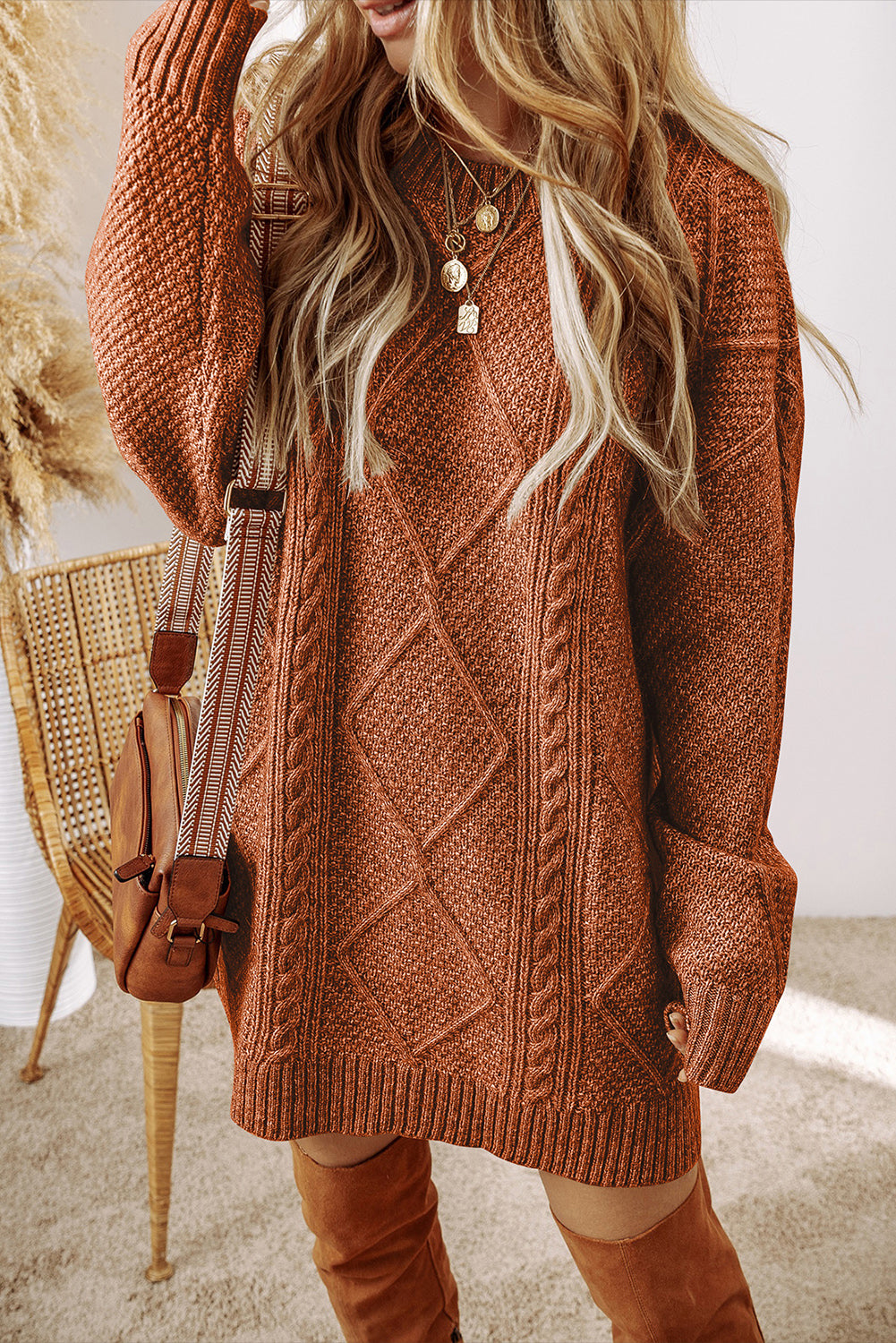 Black Cable-Knit Relaxed Sweater Dress