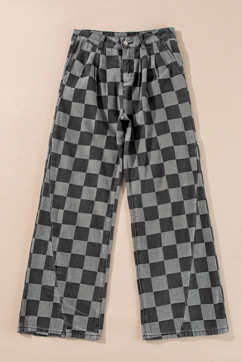 Dark Gray Checkered Wide-Leg Denim Jeans