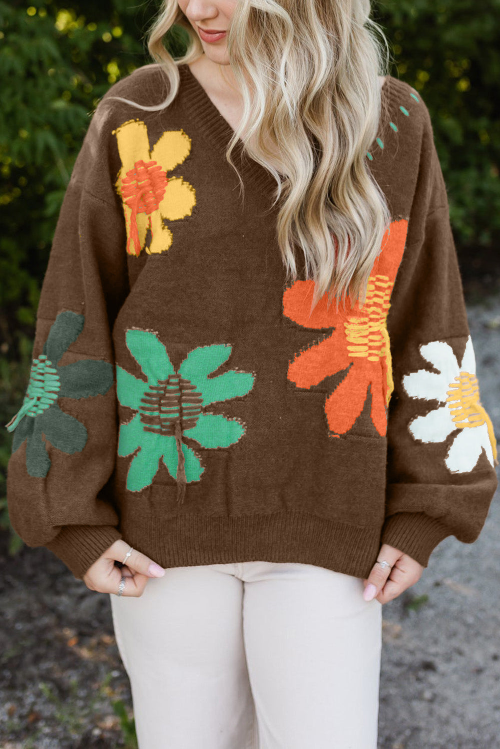 Coffee Brown Floral V-Neck Knit Sweater