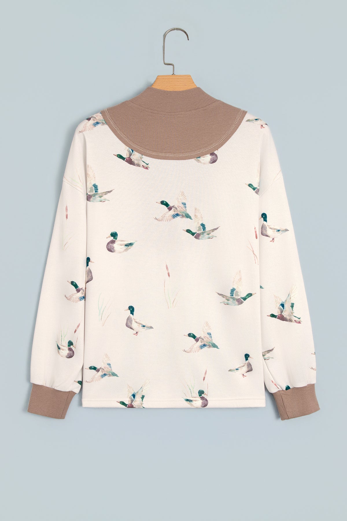 Beige Duck-Print Colorblock Zip-Neck Top