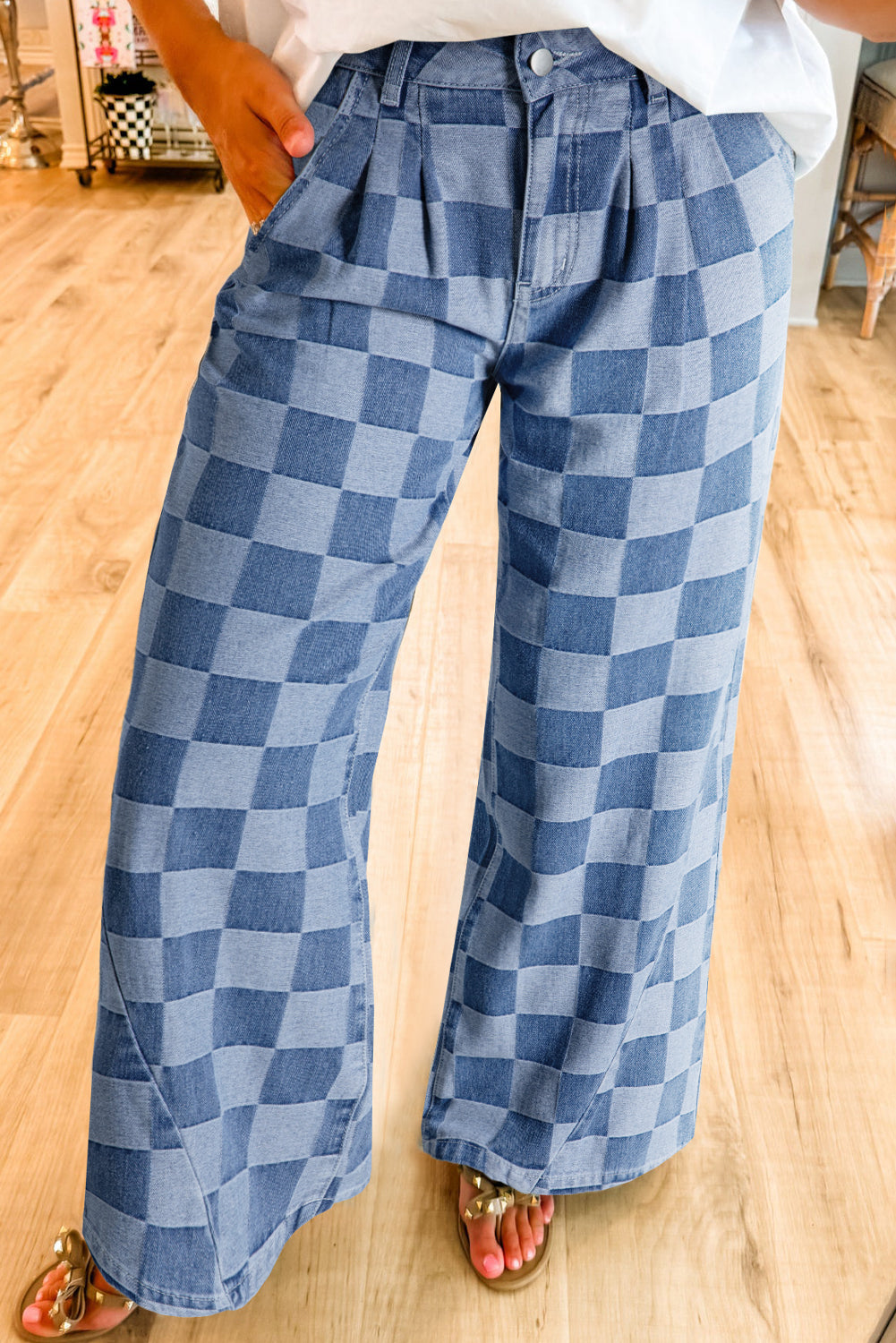 Dark Gray Checkered Wide-Leg Denim Jeans