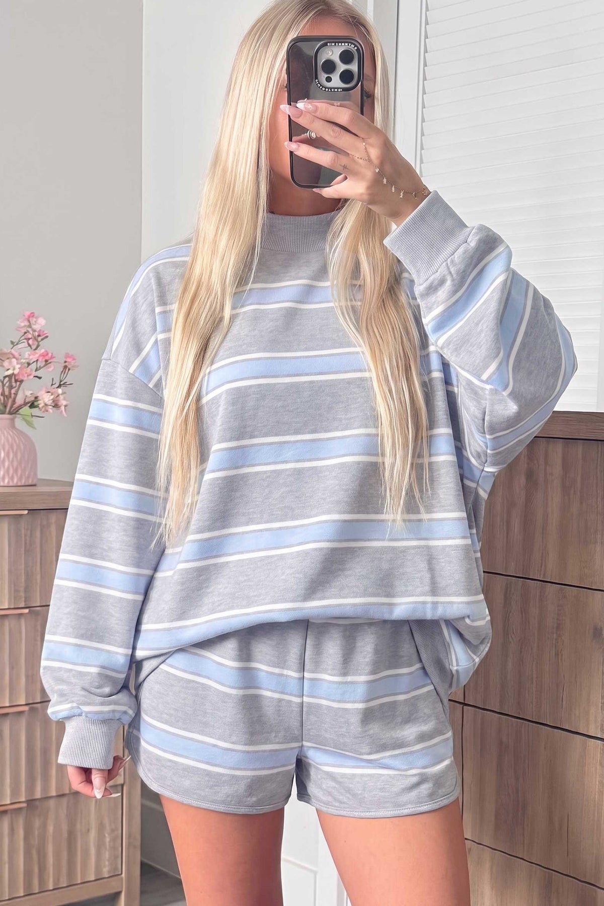 Sky Blue Striped High-Neck Top & Shorts Set
