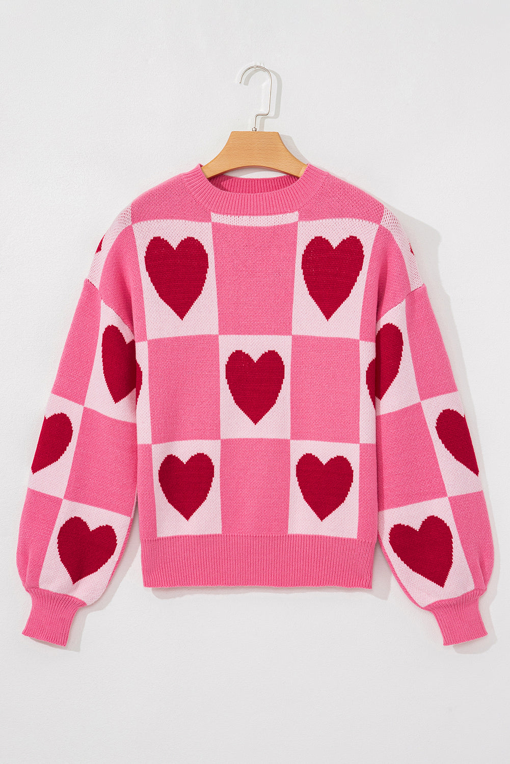 Pink Heart Checkered Crewneck Sweater