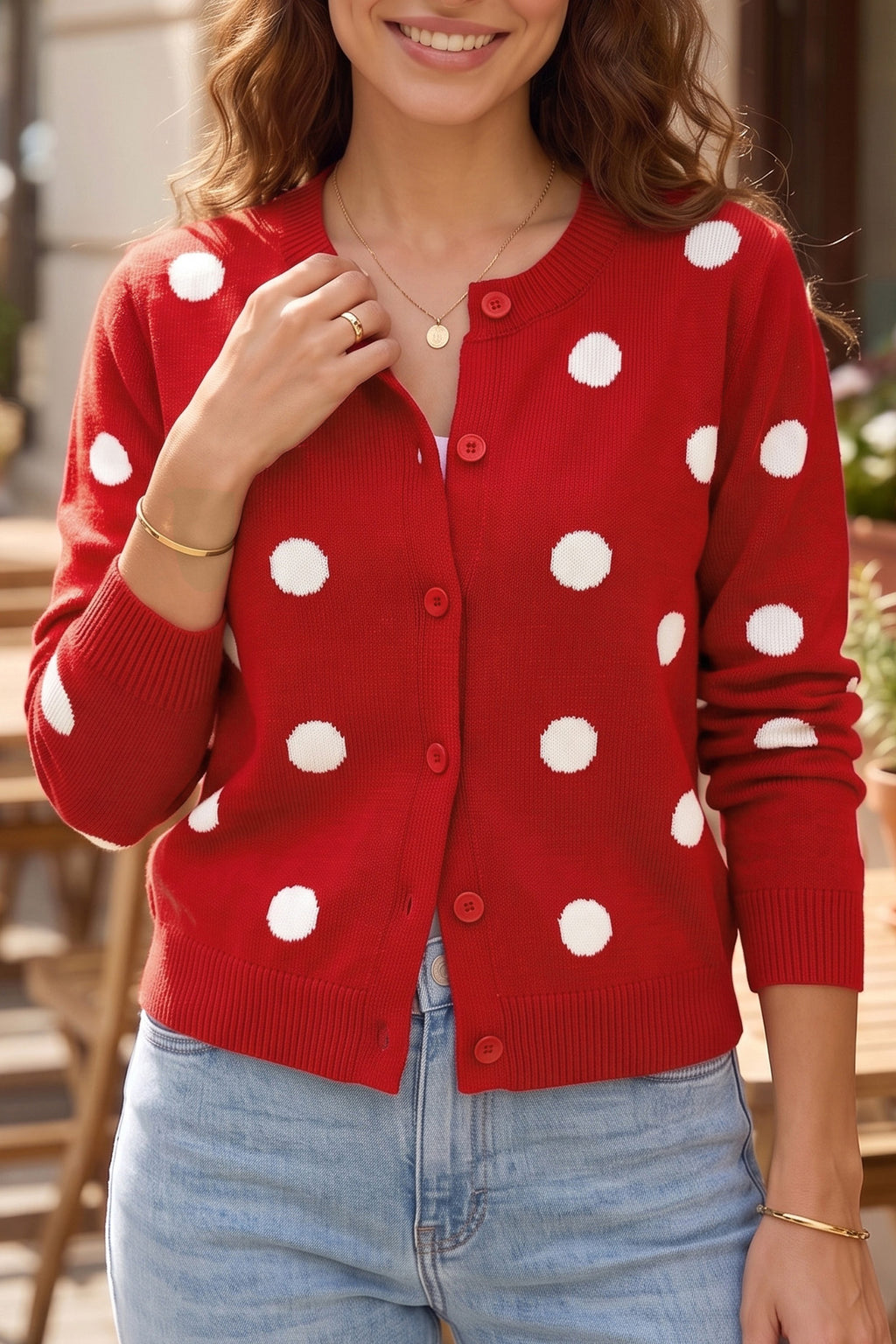 Red Polka Dot Button-Front Knit Cardigan
