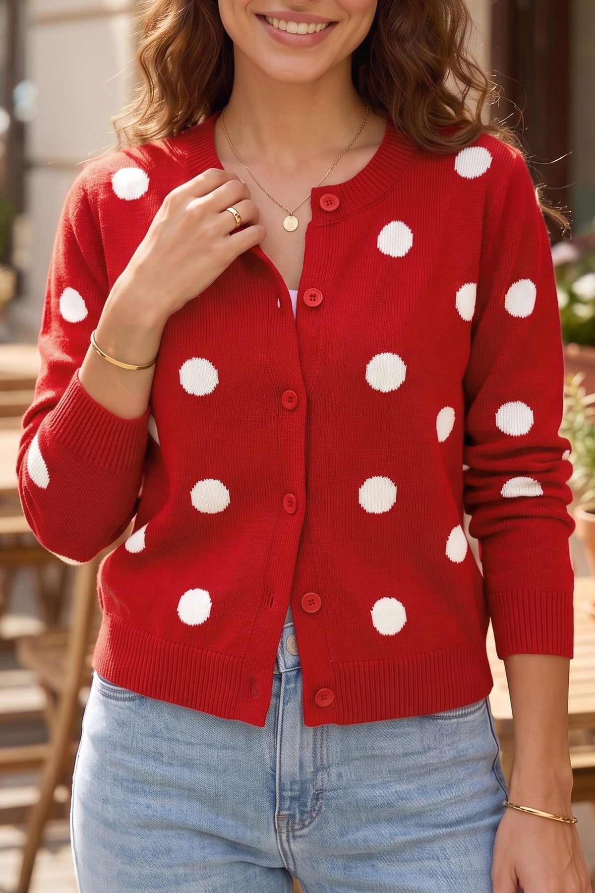 Red Polka Dot Button-Front Knit Cardigan