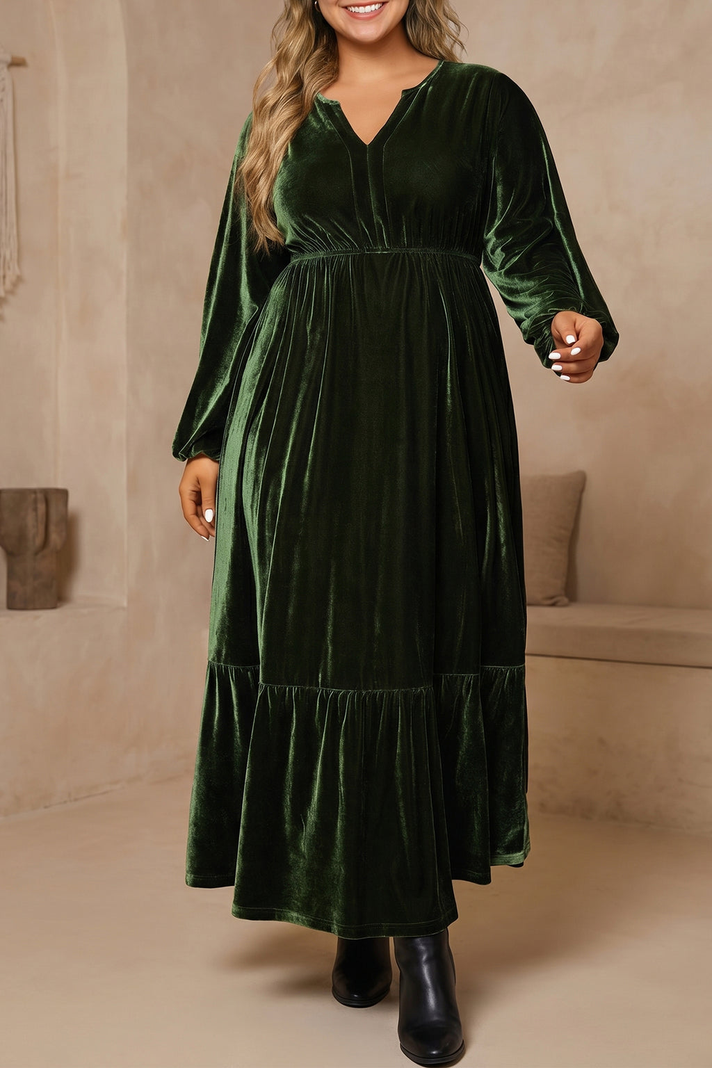 Dark Green Velvet V-Neck Plus-Size Maxi Dress from ARVELA