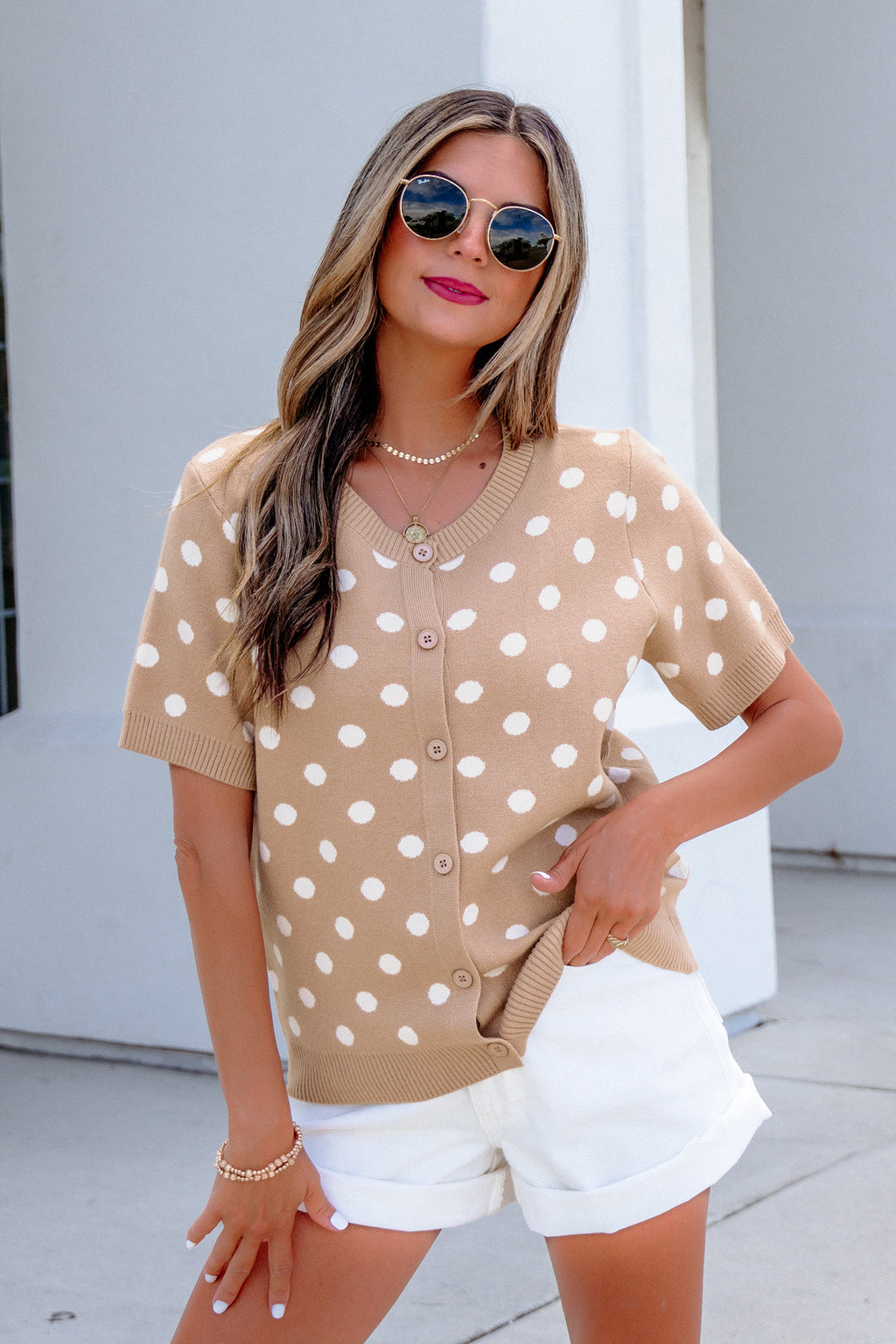 Dark Khaki Polka Dot Short-Sleeve Knit Cardigan from ARVELA