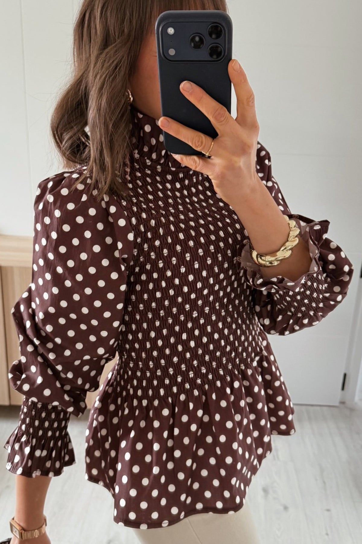 Brown Polka Dot High-Neck Ruffle Blouse