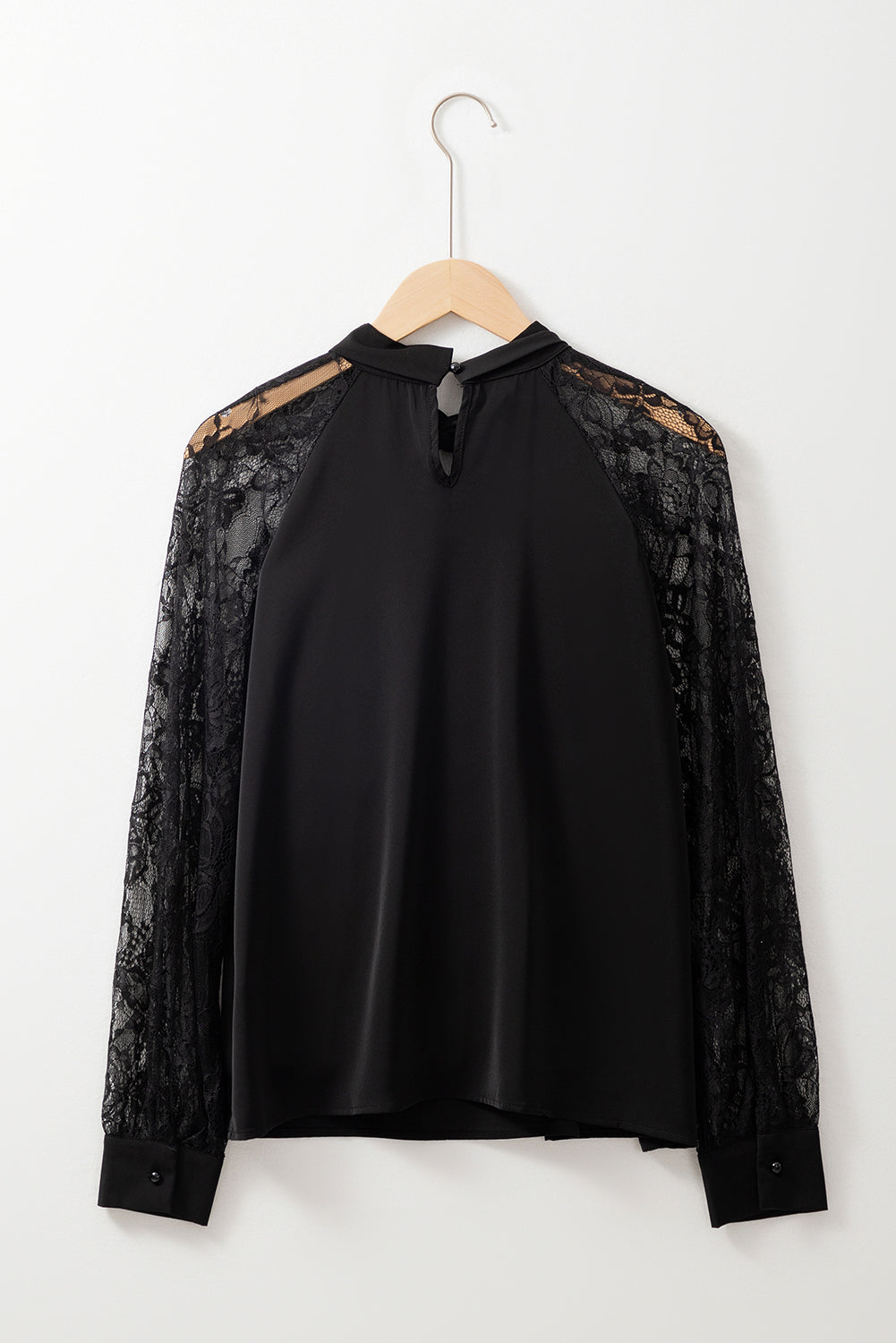Black Floral-Lace Keyhole-Neck Blouse